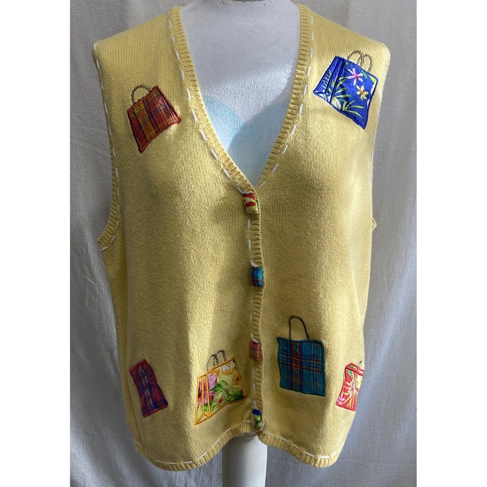 Mandal Bay Sweater Vest XL Cottagecore Yellow Novelty Bag Applique‎ Cotton Ramie